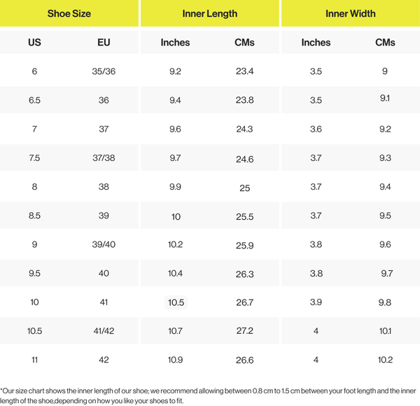Shoe size chart showing for The Mary Jane T Strap
