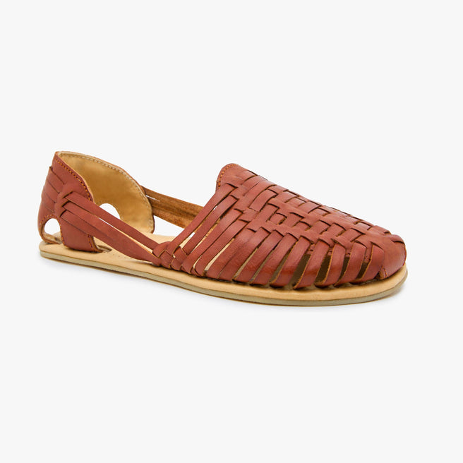 Cinnamon brown woven leather Huarache Slip-On by Anya, angled three-quarter view of a single closed shoe.