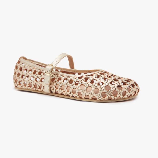 Metallic gold woven leather Women's Woven Ballerina by Anya with strap and buckle, angled three-quarter view.