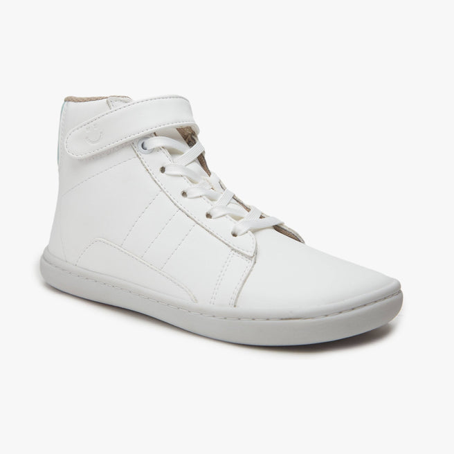 White leather Kid's High-Top Sneaker by Origo with aqua heel accent, angled side view with white sole.