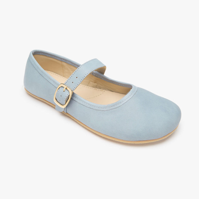 light blue suede Women's Classic Mary Jane barefoot shoe - side profile
