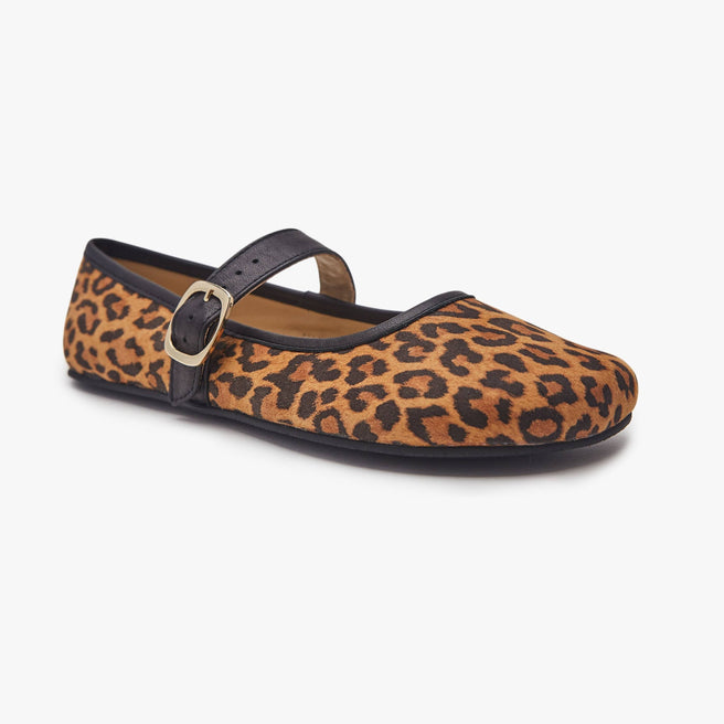 Leopard print Women's Classic Mary Jane flat by Origo with single black strap and buckle, angled three-quarter view.