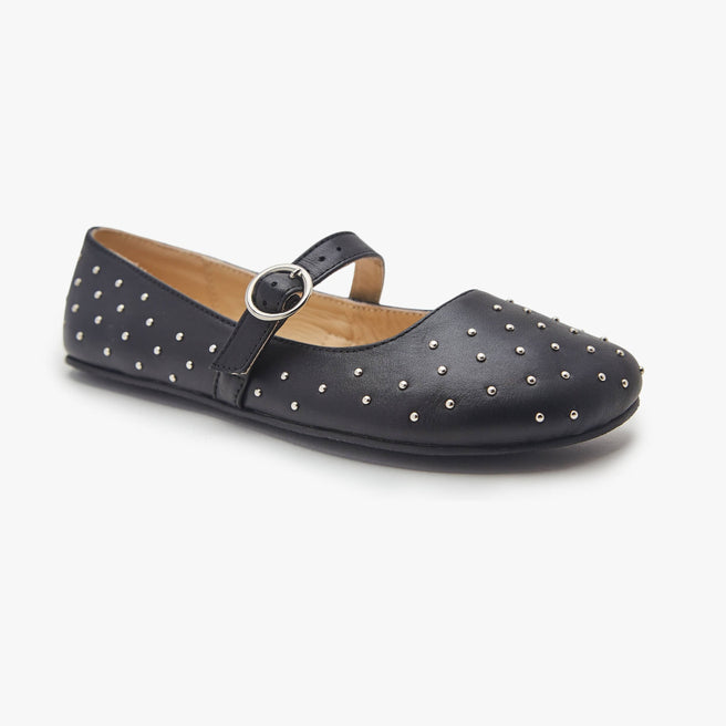 Black leather Women's Classic Mary Jane flat by Origo with silver studs, single strap and buckle, angled three-quarter view.