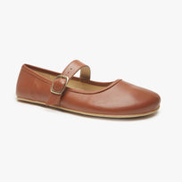 Light brown leather Women's Classic Mary Jane flat by Origo with single strap and buckle, angled three-quarter view.