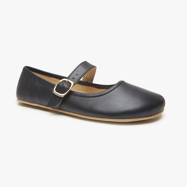 Black leather Women's Classic Mary Jane flat by Origo with single strap and buckle, angled three-quarter view.