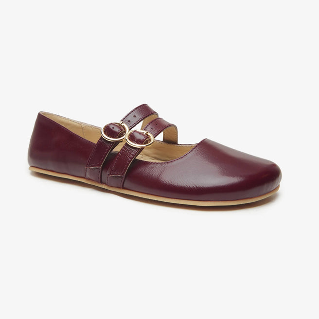 Burgundy patent leather Women's Double Strap Mary Jane flat by Origo with two straps and buckles, angled three-quarter view.