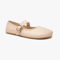 Nude leather Women's Classic Mary Jane flat by Origo with single strap and buckle, angled three-quarter view.