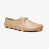 Taupe leather Women's Derby by Origo, angled three-quarter view of a single lace-up flat with gum sole.