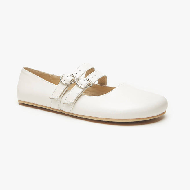 Chalk cream patent leather Women's Double Strap Mary Jane flat by Origo with two straps and buckles, angled three-quarter view.