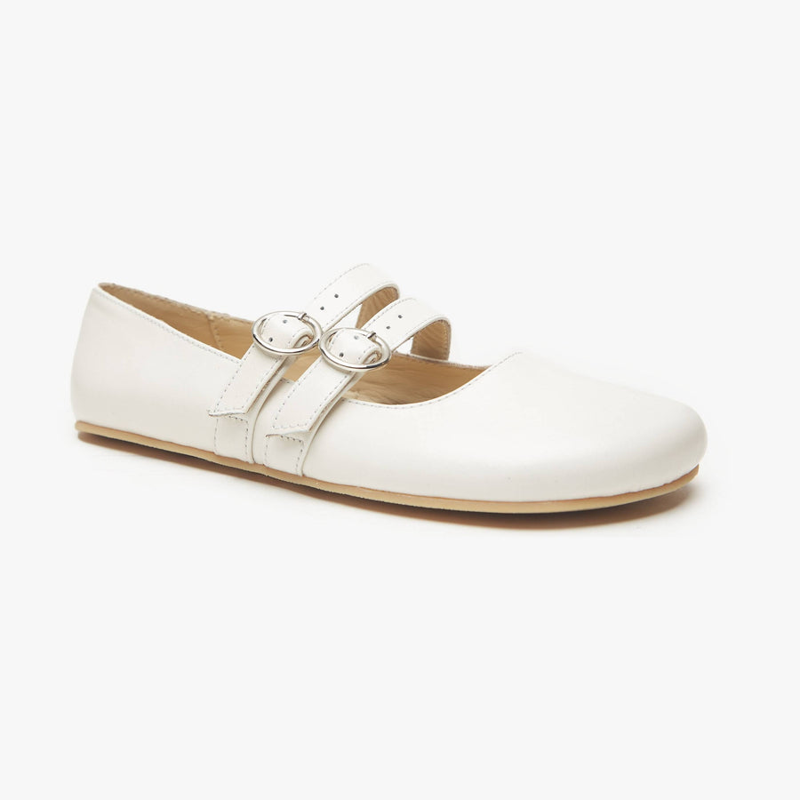 Chalk cream patent leather Women's Double Strap Mary Jane flat by Origo with two straps and buckles, angled three-quarter view.