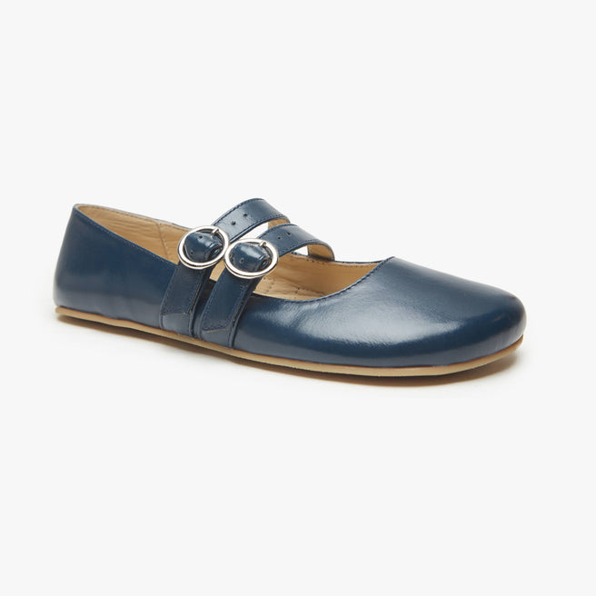 Teal patent leather Women's Double Strap Mary Jane flat by Origo with two straps and buckles, angled three-quarter view.