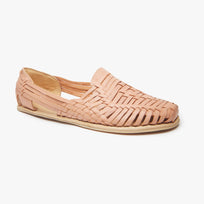 Natural tan woven leather Huarache Slip-On Wide by Anya, angled three-quarter view of a single closed shoe.