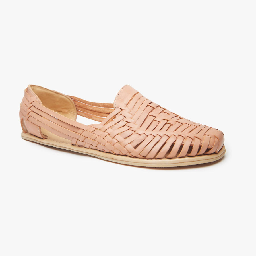 Natural tan woven leather Huarache Slip-On Wide by Anya, angled three-quarter view of a single closed shoe.