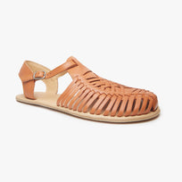 Toffee tan woven leather Huarache Sandal Wide by Anya with T-strap and ankle buckle, angled three-quarter view.