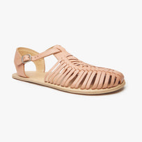 Natural tan woven leather Huarache Sandal Wide by Anya with T-strap and ankle buckle, angled three-quarter view.