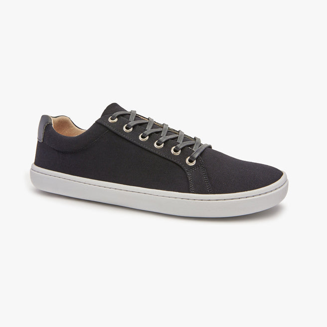 Black cotton canvas Men's Everyday Sneaker Gen 3 by Origo, angled side view with white sole.