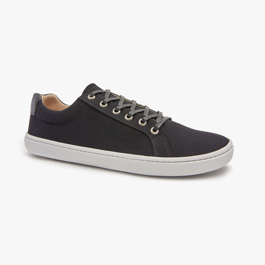 Black cotton canvas Men's Everyday Sneaker Gen 3 by Origo, angled side view with white sole.
