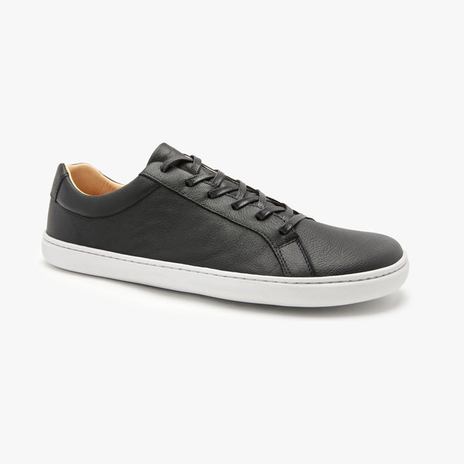 Black natural leather Men's Everyday Sneaker Gen 3 by Origo, angled side view with white sole.