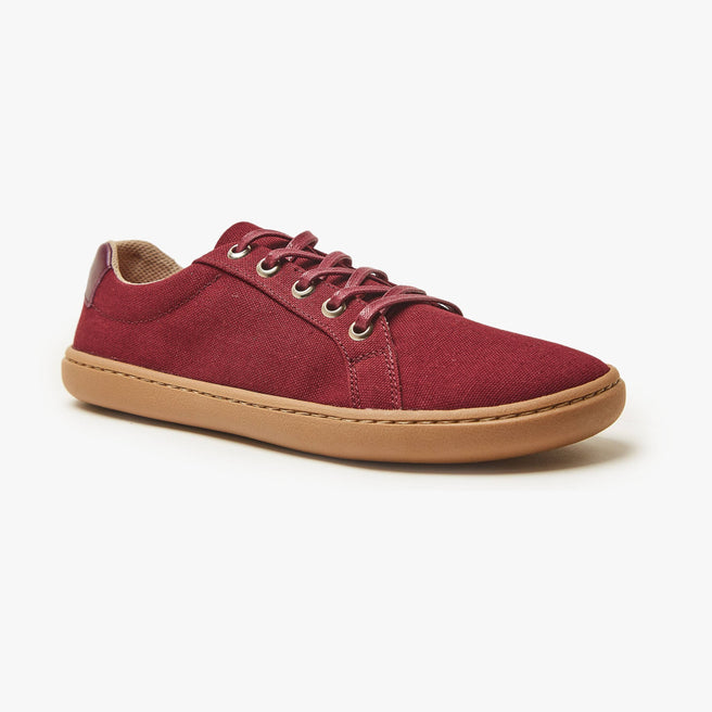 Burgundy cotton canvas Women's Everyday Sneaker Gen 3 by Origo, angled side view with amber gum sole.