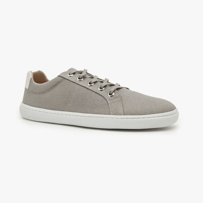 Light grey cotton canvas Women's Everyday Sneaker Gen 3 by Origo, angled side view with white sole.