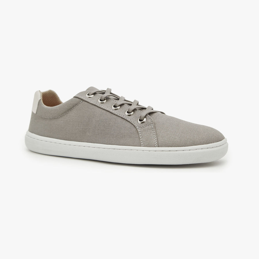 Light grey cotton canvas Women's Everyday Sneaker Gen 3 by Origo, angled side view with white sole.