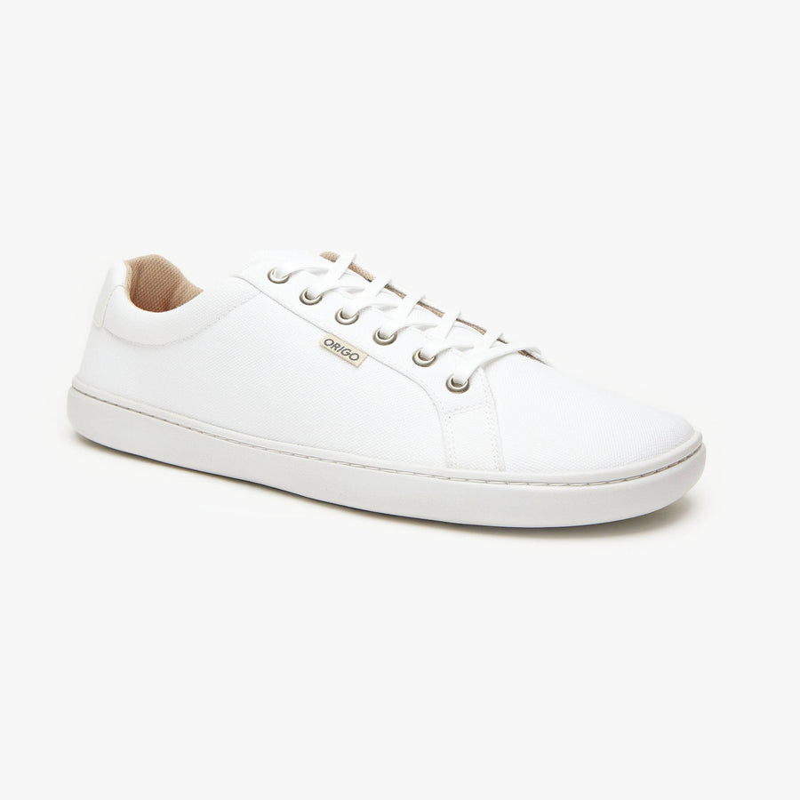 White cotton canvas Men's Everyday Sneaker Gen 3 by Origo, angled side view with white sole.