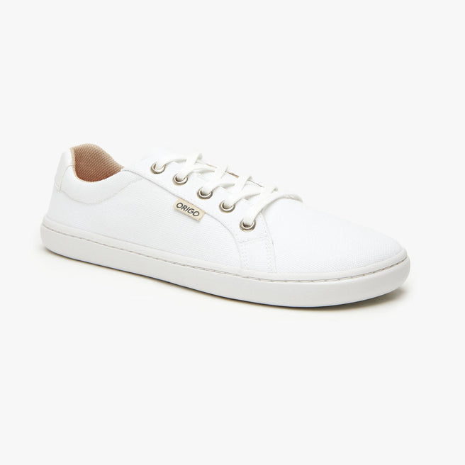 White cotton canvas Women's Everyday Sneaker Gen 3 by Origo, angled side view with white sole.