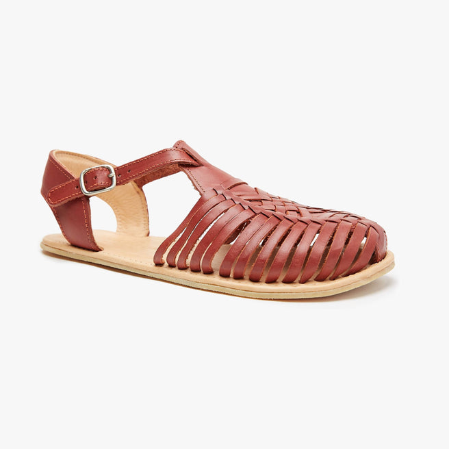 Cinnamon brown woven leather Huarache Sandal Wide by Anya with T-strap and ankle buckle, angled three-quarter view.