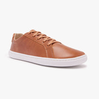 Caramel tan natural leather Women's Everyday Sneaker Gen 3 by Origo, angled side view with white sole.