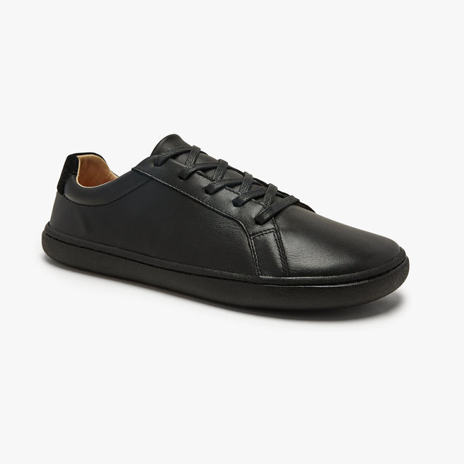 All-black natural leather Women's Everyday Sneaker Gen 3 by Origo, angled side view with black sole.