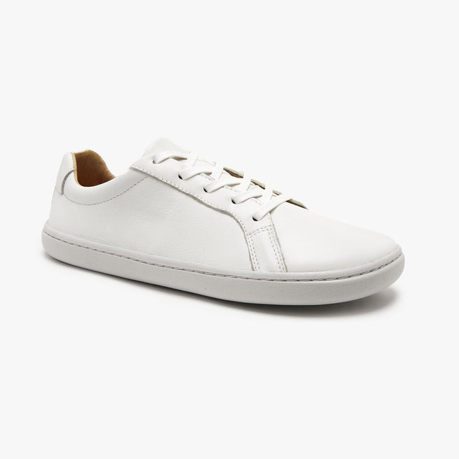 All-white natural leather Women's Everyday Sneaker Gen 3 by Origo, angled side view with white sole.