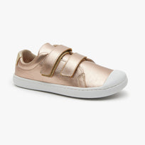 Rose gold metallic leather Kid's Hook & Loop sneaker by Origo with two straps and white sole, angled side view.