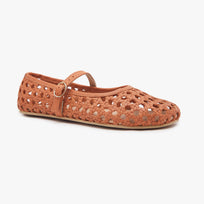 Toffee tan woven leather Women's Woven Ballerina by Anya with strap and buckle, angled three-quarter view.