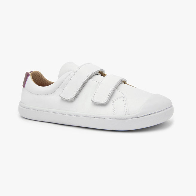 White natural leather Kid's Hook & Loop sneaker by Origo with two straps and white sole, angled side view.