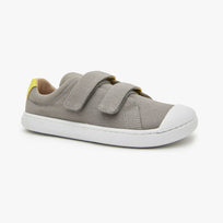 Grey cotton canvas Kid's Hook & Loop sneaker by Origo with two straps and white sole, angled side view.