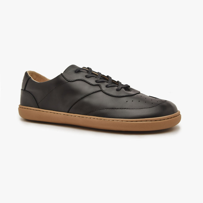 Black natural leather Women's Retro Sneaker Gen 3 by Origo, angled three-quarter view with gum sole.