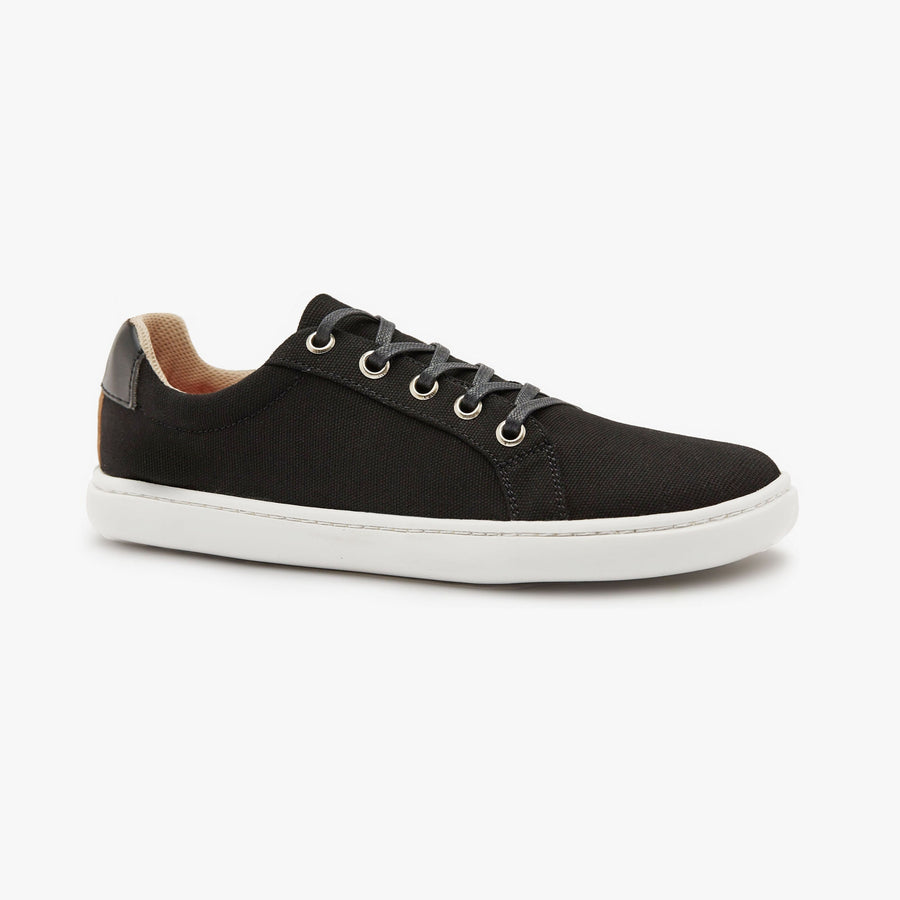 Black cotton canvas Women's Everyday Sneaker Gen 3 by Origo, angled side view with white sole.