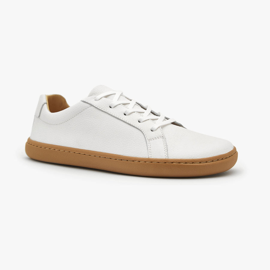 White natural leather Women's Everyday Sneaker Gen 3 by Origo, angled three-quarter view with amber gum sole.
