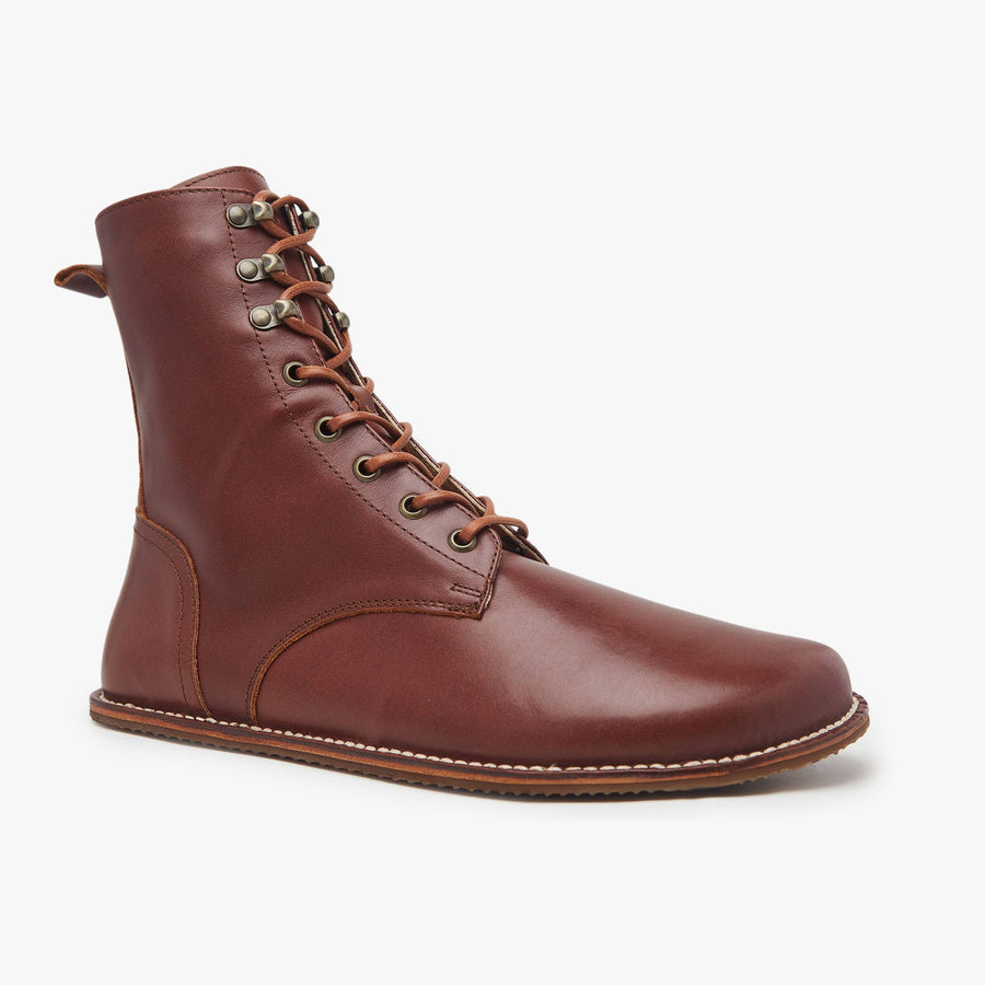 Mahogany leather Men's Adventurer Boot by Origo, angled three-quarter view of a single lace-up boot with tan sole.