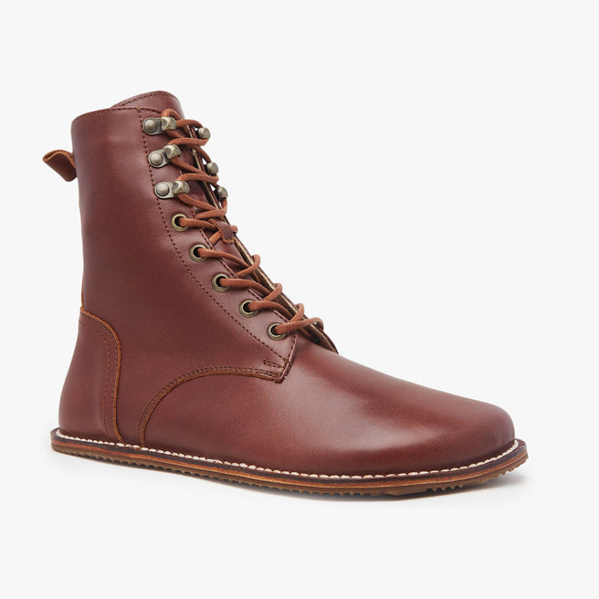 Mahogany leather Women's Adventurer Boot by Origo, angled three-quarter view of a single lace-up boot with tan sole.