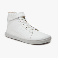 White leather Kid's High-Top Sneaker by Origo with aqua heel accent, angled side view with white sole.