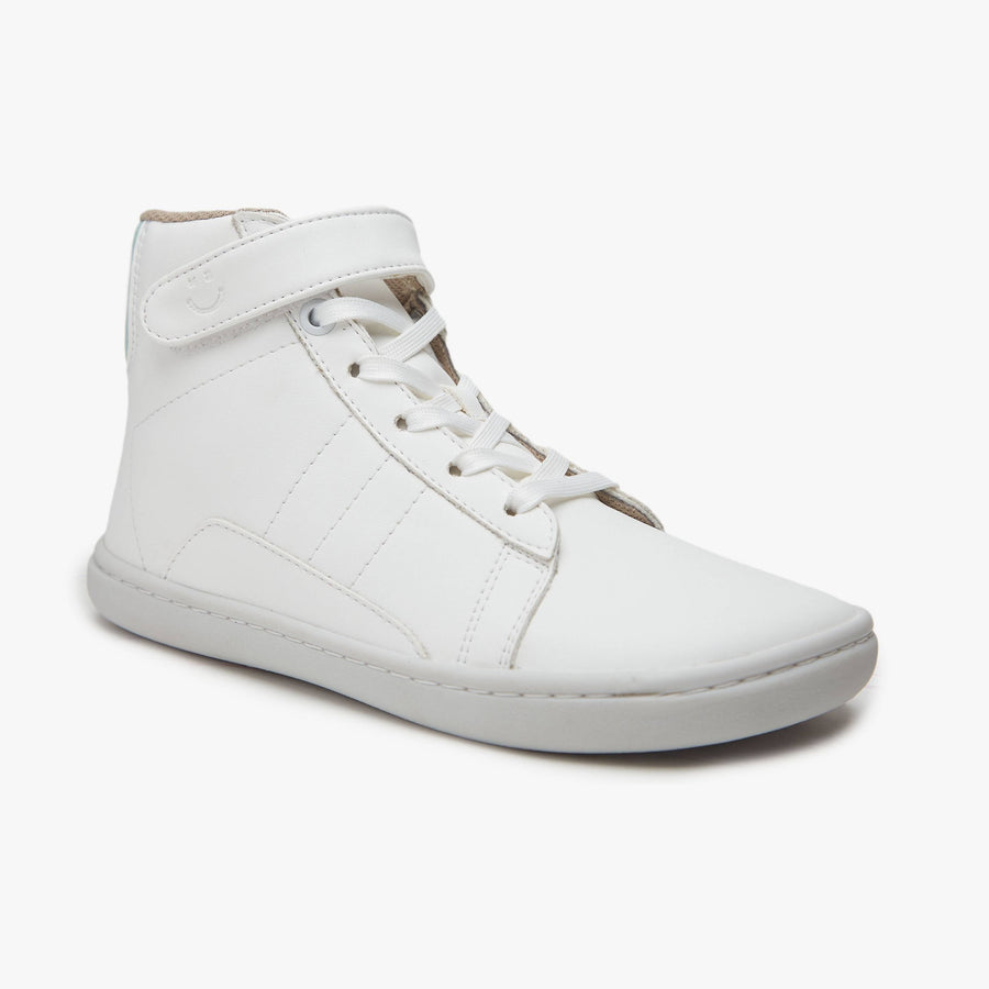 White leather Kid's High-Top Sneaker by Origo with aqua heel accent, angled side view with white sole.