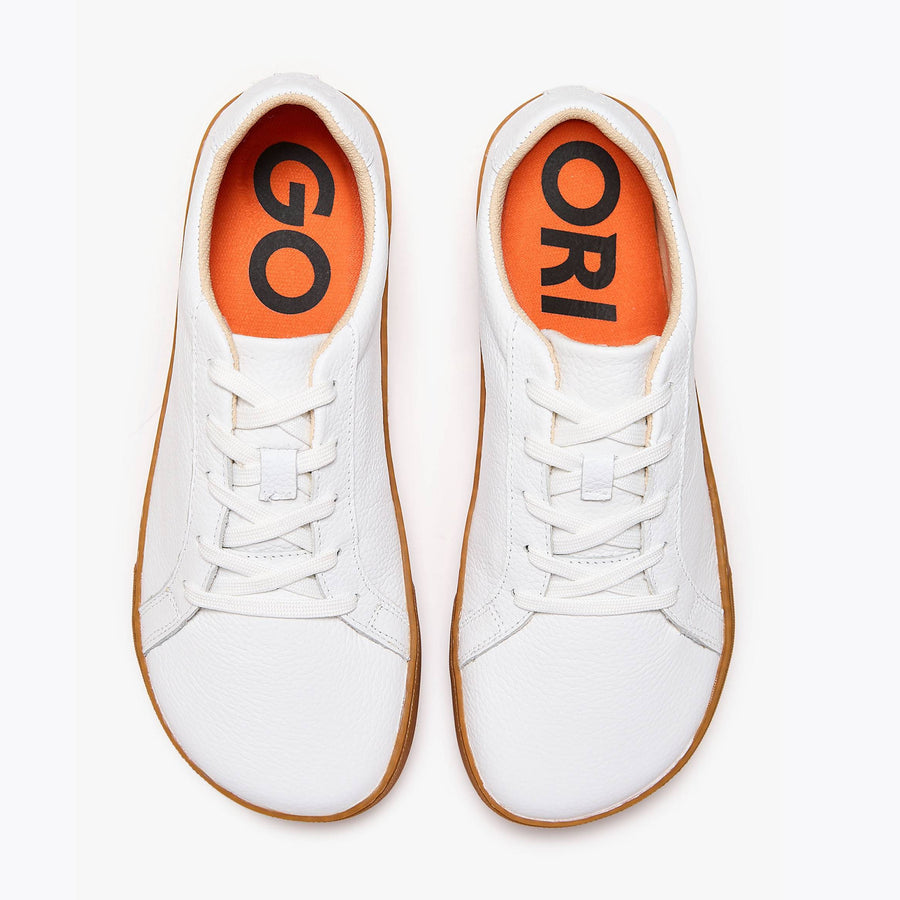 The Women's Everyday Sneaker in white natural leather with amber sole - Origo barefoot shoes
