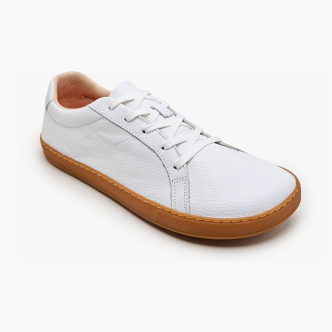 The Women's Everyday Sneaker in white natural leather with amber sole - Origo barefoot shoes