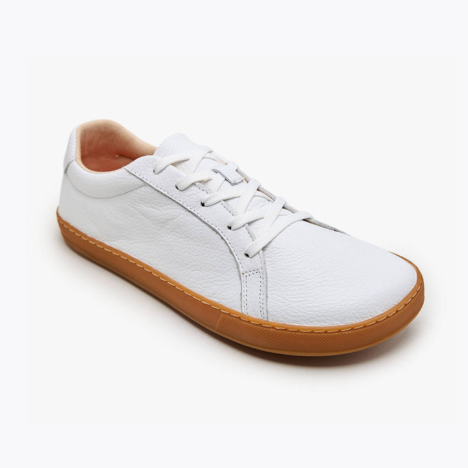 The Women's Everyday Sneaker in white natural leather with amber sole - Origo barefoot shoes