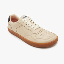 Sand cream Men's Modern Retro Sneaker by Origo, angled three-quarter view of a single shoe with gum sole.