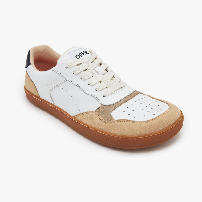 White and tan suede Men's Modern Retro Sneaker by Origo, angled three-quarter view with gum sole.