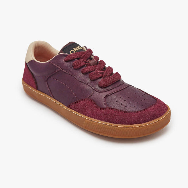 Burgundy Women's Modern Retro Sneaker by Origo, angled three-quarter view of a single shoe with gum sole.