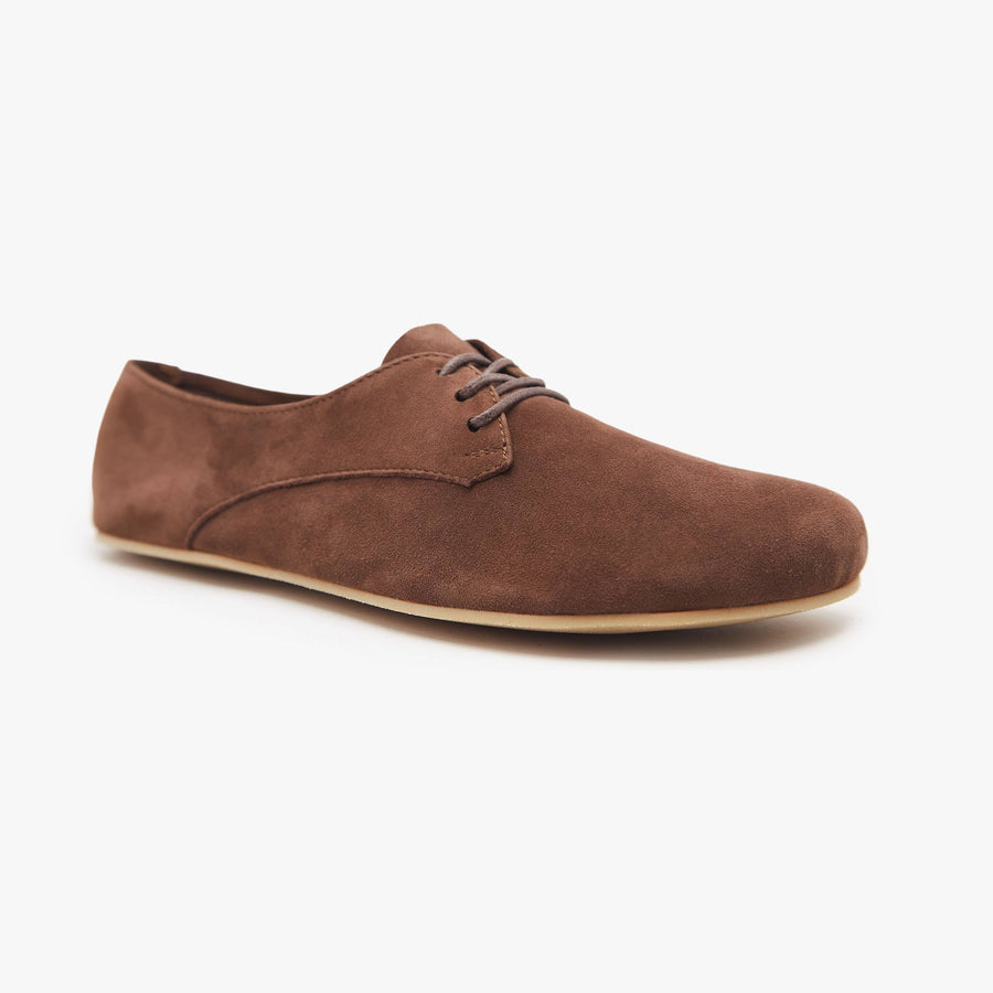 Chocolate brown suede Women's Derby by Origo, angled three-quarter view of a single lace-up flat with gum sole.