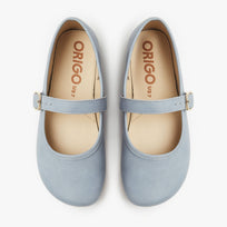 Light blue flat barefoot shoe with a gold buckle on a white background